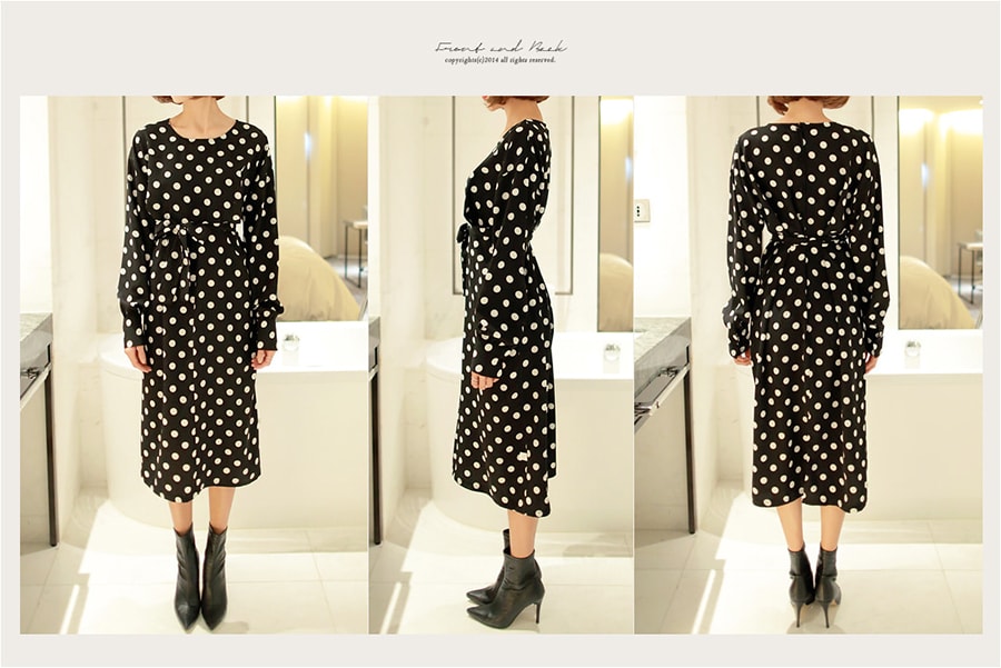 KOREA Polka-Dot Print Tie Dress #Black One Size(S-M) [Free Shipping]