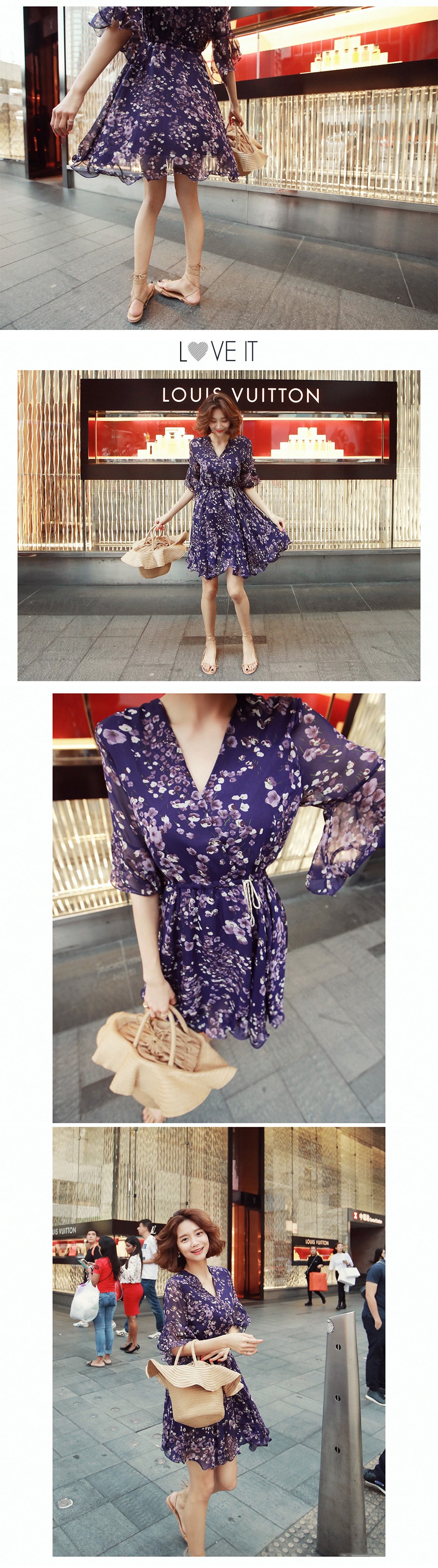 KOREA Floral Chiffon Wrap Dress #Purple One Size(S-M) [Free Shipping]