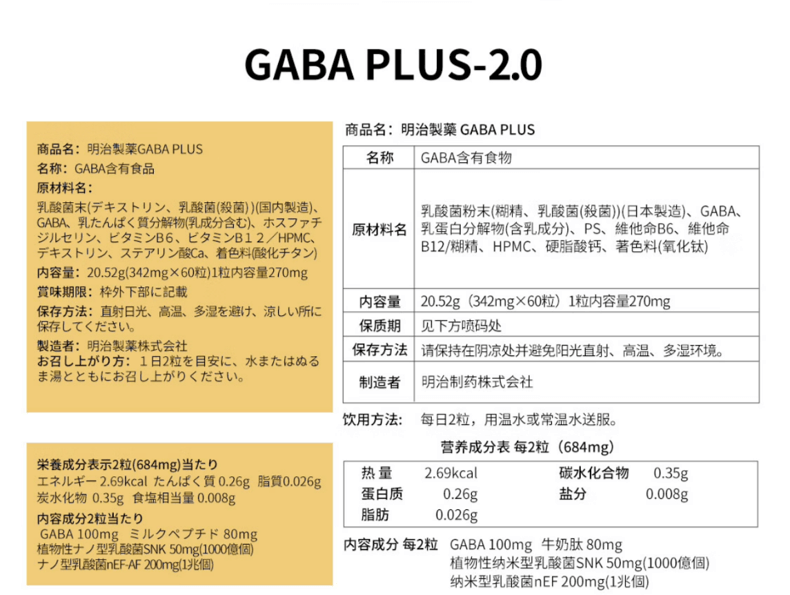 【日本直邮】日本MEIJI明治制药 GABA Plus 高纯度日本酒粕提取GABA 60粒装 肠脑关联概念全面提高睡眠质量