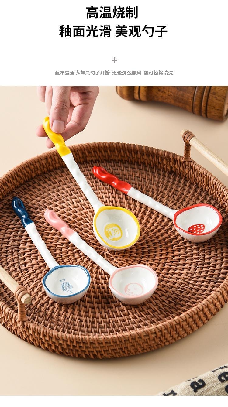 【中国直邮】 FOXTAIL 陶瓷勺子组合 长柄 卡通 甜品勺 家用 可爱 儿童 吃饭勺 喝汤 调羹-动物+草莓组合 1套 *|预计到达时间3-4周