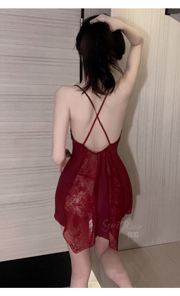 【中國直郵】瑰若 情趣內衣 性感蕾絲網紗睡衣 鏤空吊帶裙 椰棗紅色均碼
