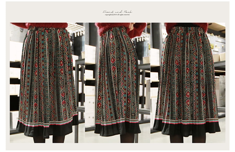 KOREA Pleated Ethnic Pattern Midi Skirt Black One Size(S-M) [Free Shipping]