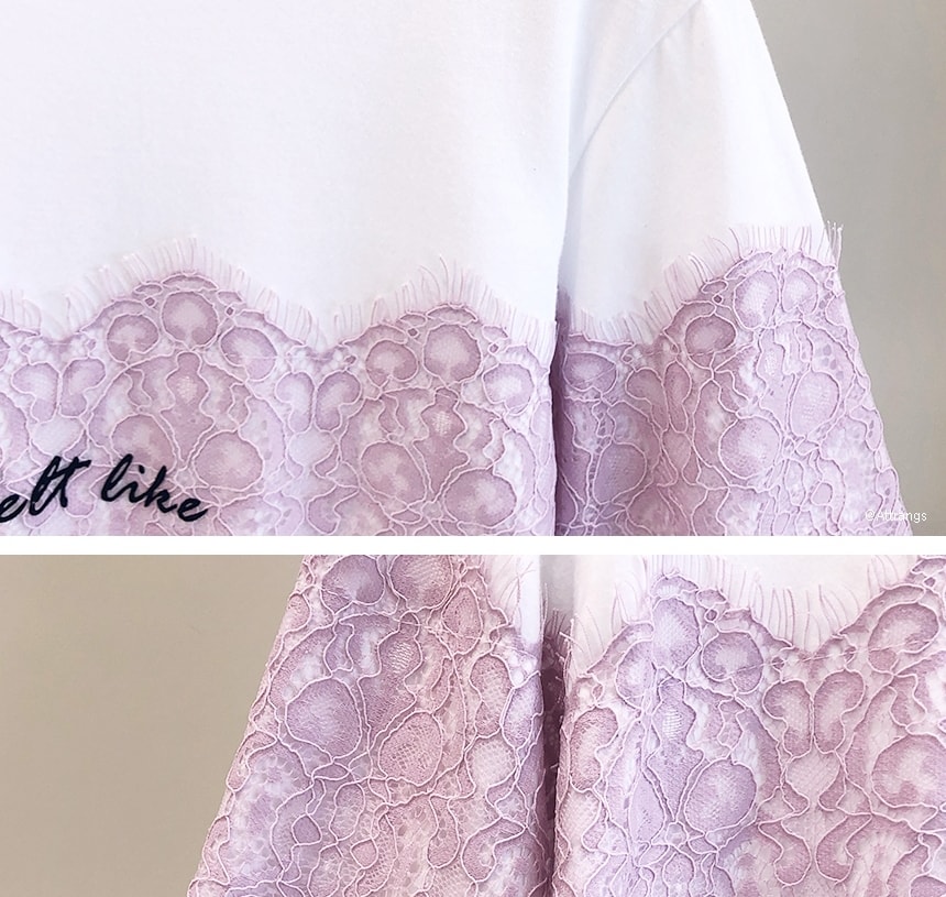 【韩国直邮】ATTRANGS 独特蕾丝装饰设计字母纯色圆领短袖宽松T恤 乳白色 均码