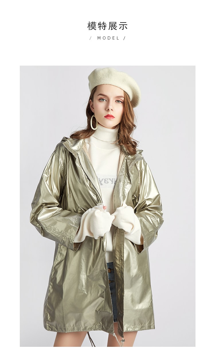 CARRIE&KATE【Designer Style】2019 Korea new Trend Golden Windbreaker Laser photosensitive hat long coat 【Tide】Golden/S