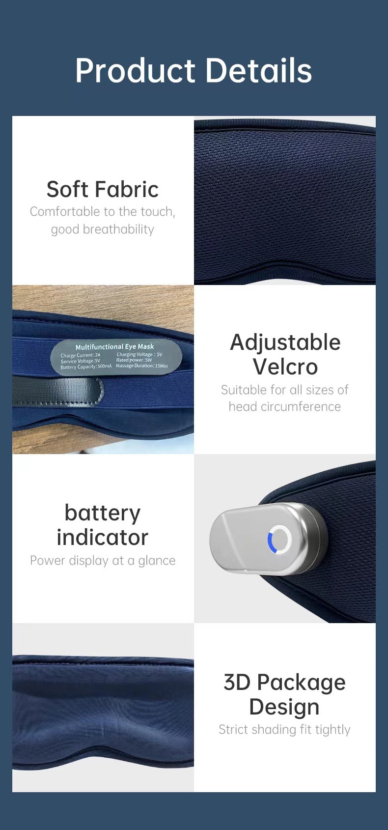 【兩種款式隨機出貨 功能完全一樣】智慧充電護眼儀眼部按摩儀冷熱敷震動眼罩 藍色 1件