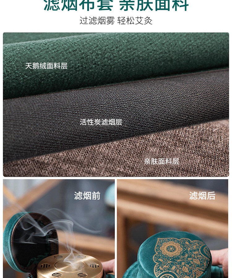北京同仁堂 艾灸盒 无烟纯铜灸具器具 艾灸一联墨绿色(含布套*1+艾灸盒*1+艾柱*1+穴位图*1)