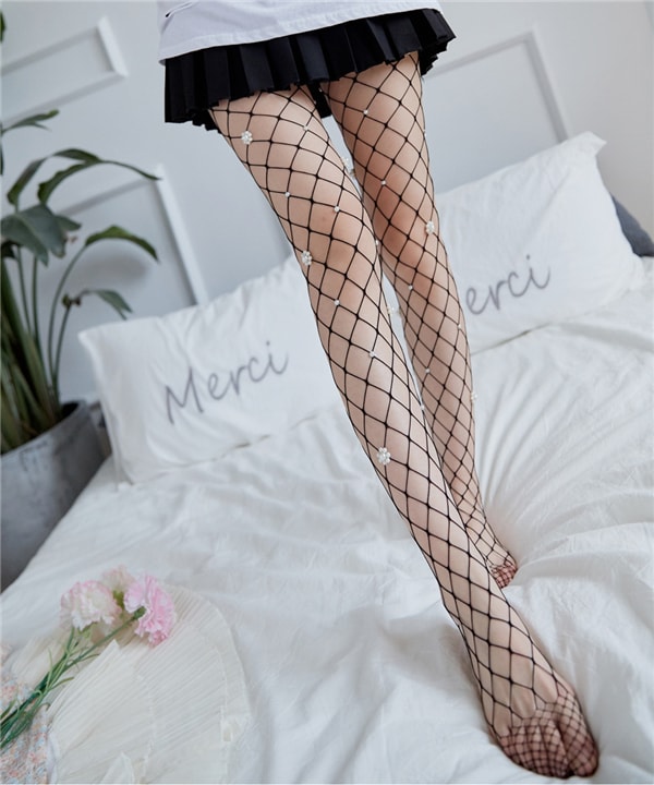 Girls Women Sexy Fishnet Pantyhose for Summer Imitation Pearl Mesh Stockings Slim Elastic Tights Black 1 Piece