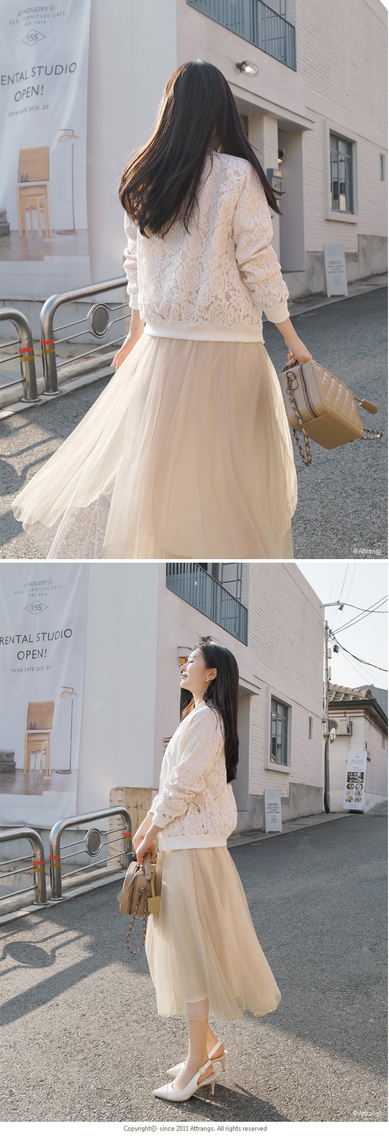 【韩国直邮】ATTRANGS 浪漫优雅百褶荷叶边长裙 米色 均码
