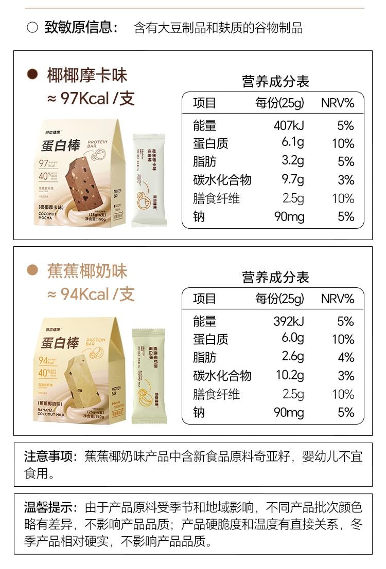 【中国直邮】 哥本优选 蛋白棒 能量谷物棒 早餐代餐低卡抗饿饱腹 高膳食纤维 椰椰摩卡味 150g/盒