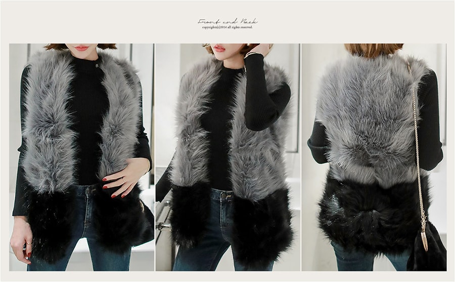 Color-Block Faux Fur Vest #Dark Grey&amp;Black One Size(Free) [Free Shipping]