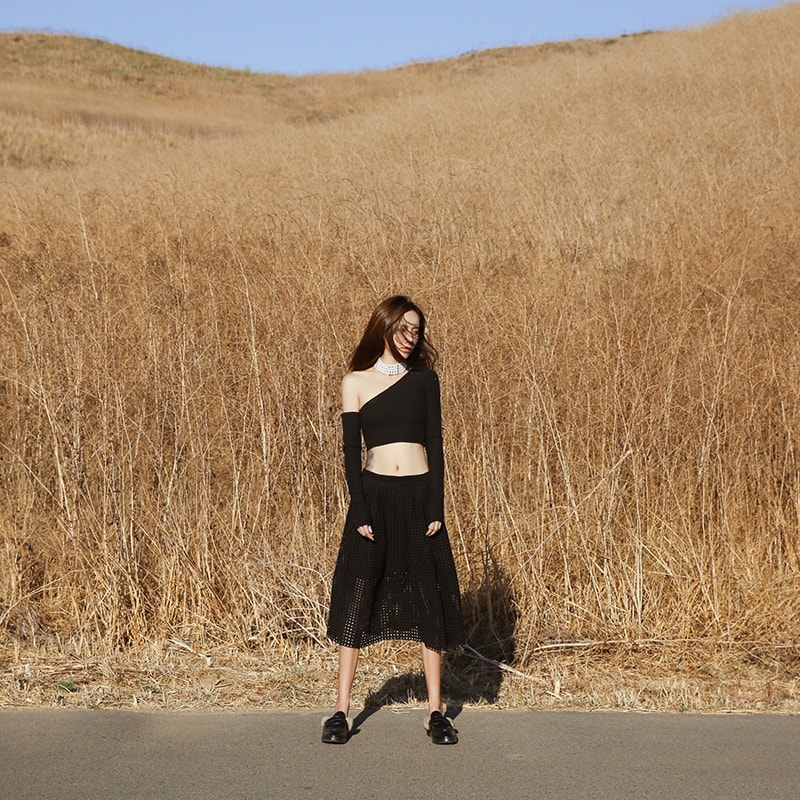 MOIS 镂空高腰中长款半身裙 黑色 XS
