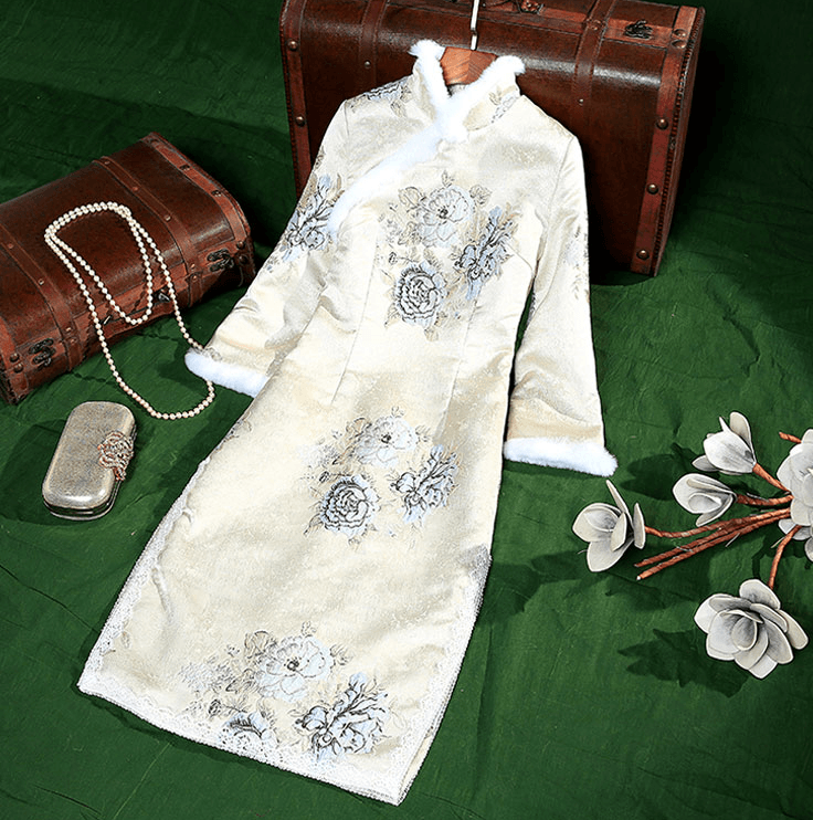 China Direct Mail 2019 Winter Cheongsam Women Retro Long Sleeve Embroidered Tang Dress Off-White # 1piece