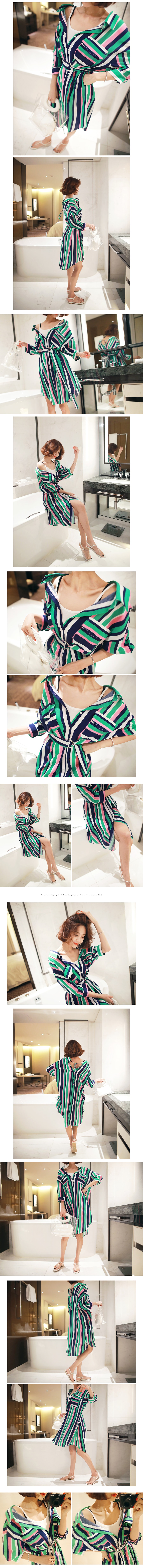 KOREA Oversized Color-Block Shirt Dress with Belt #Green+Pink One Size(Free) [Free Shipping]