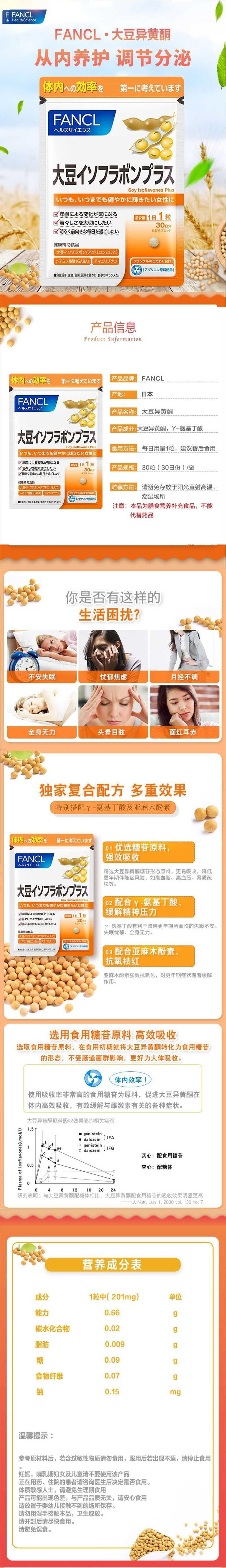 【日本直邮】FANCL芳珂 大豆异黄酮片 规律经期 缓解更年期 30粒一个月量