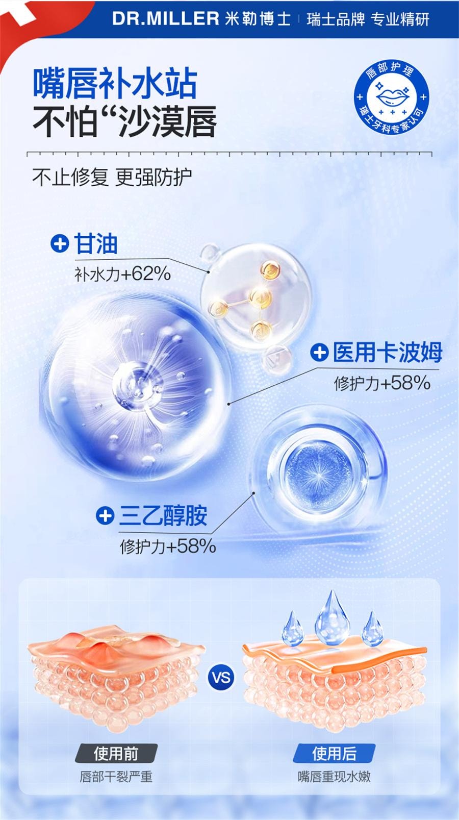 【中国直邮】DR MILLER/米勒博士  唇炎润唇膏嘴唇干裂脱皮专用保湿滋润去死皮口角炎疱疹医用修护膏  15g/支