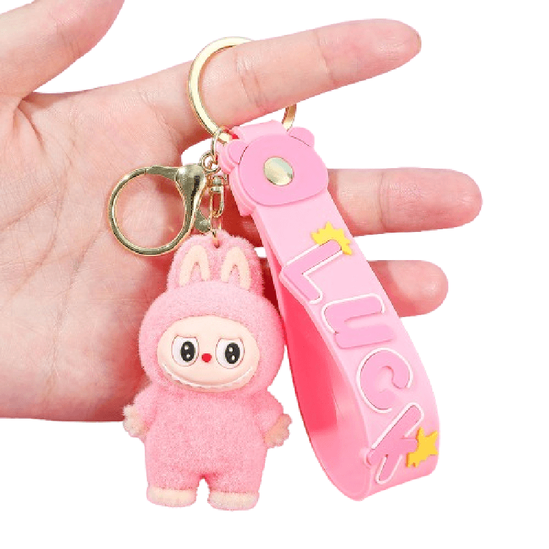 Flocking labubu key chain figurine pendant LabuBU doll figurine