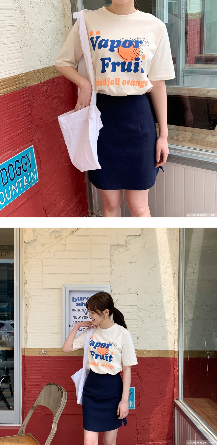 【韩国直邮】CHERRYKOKO 元气少女风纯色字母水果团棉质舒适T恤 奶油色 均码
