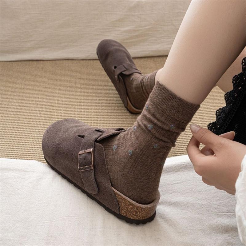 亲太太 秋冬无骨学院风复古小碎花袜子女中筒袜 均码 浅灰 咖色 深灰 3双装