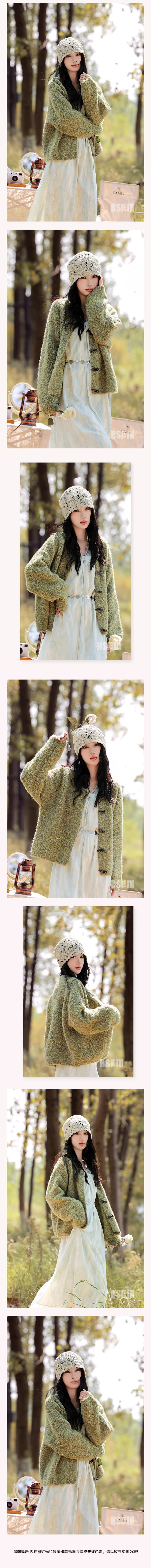 【中國直郵】 HSPM 新款文藝甜美圓領牛角扣寬鬆顯瘦針織外套 復古綠 M