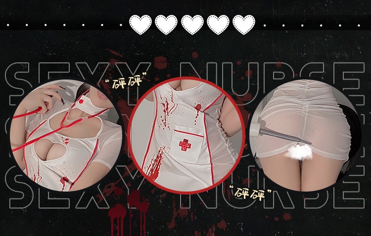 【中国直邮】霏慕 万圣节COS 暗夜小护士装情趣内衣制服 白+红【护士发箍+透视连衣裙+T裤】