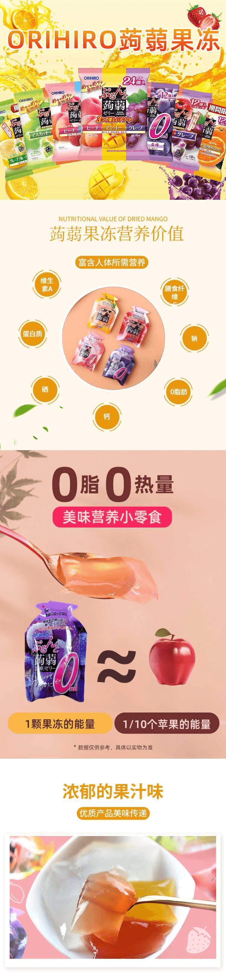 【日本直郵】ORIHIRO立喜樂 多種口味果凍 低卡健康果汁果凍 蘋果葡萄口味 12個/袋