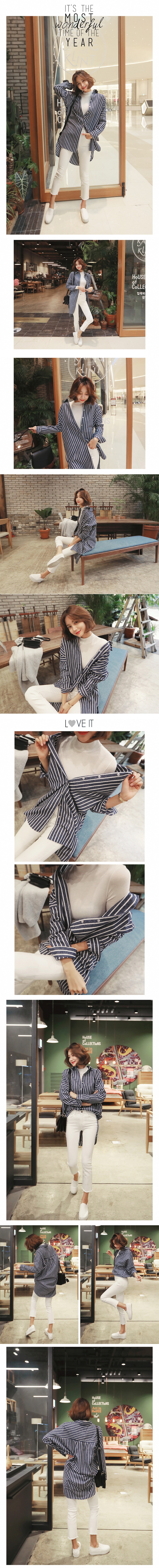 KOREA Oversized Striped Shirt #Navy One Size(Free) [Free Shipping]