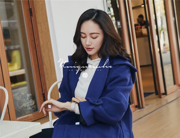 Blue Loose Hooded Double-faced Woolen Coat S