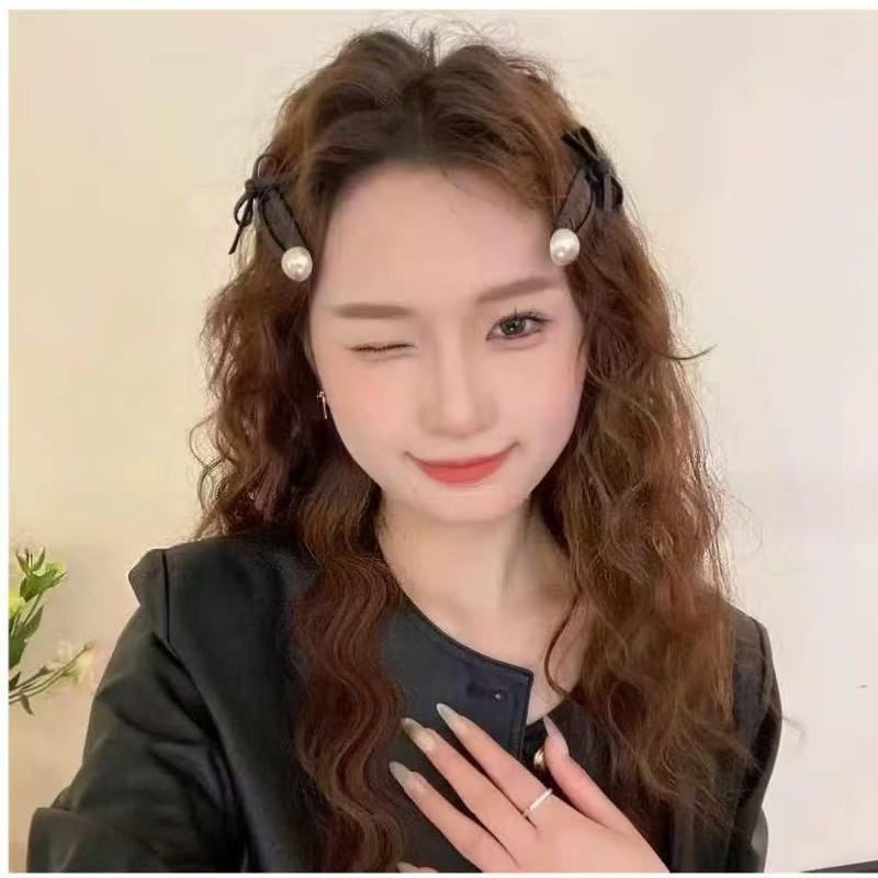 甄选好物 韩系皮质蝴蝶结珍珠BB夹时尚高级感气质刘海夹边夹 2个