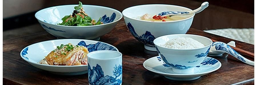 藍印東方 景德鎮陶瓷餐具碗盤 相伴見山 18頭餐具套裝 11.4cm碗*4+20.3cm淺盤*2+20.3cm深盤*2+小勺*4+筷子*4+麵碗*2