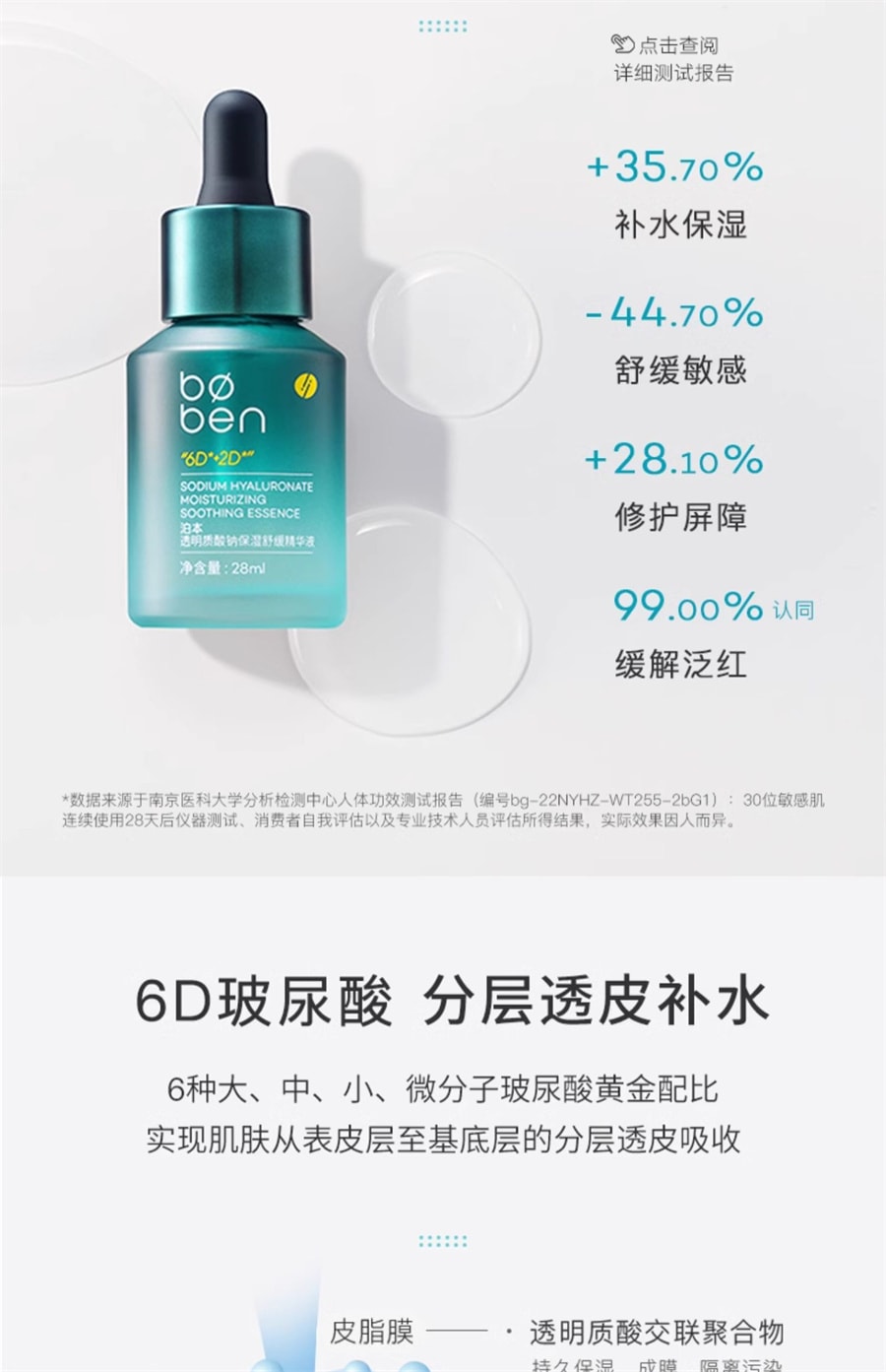 【中国直邮】 泊本 6D玻尿酸保湿舒缓精华液 快速补水长效保湿舒缓敏感修护 28ml/瓶
