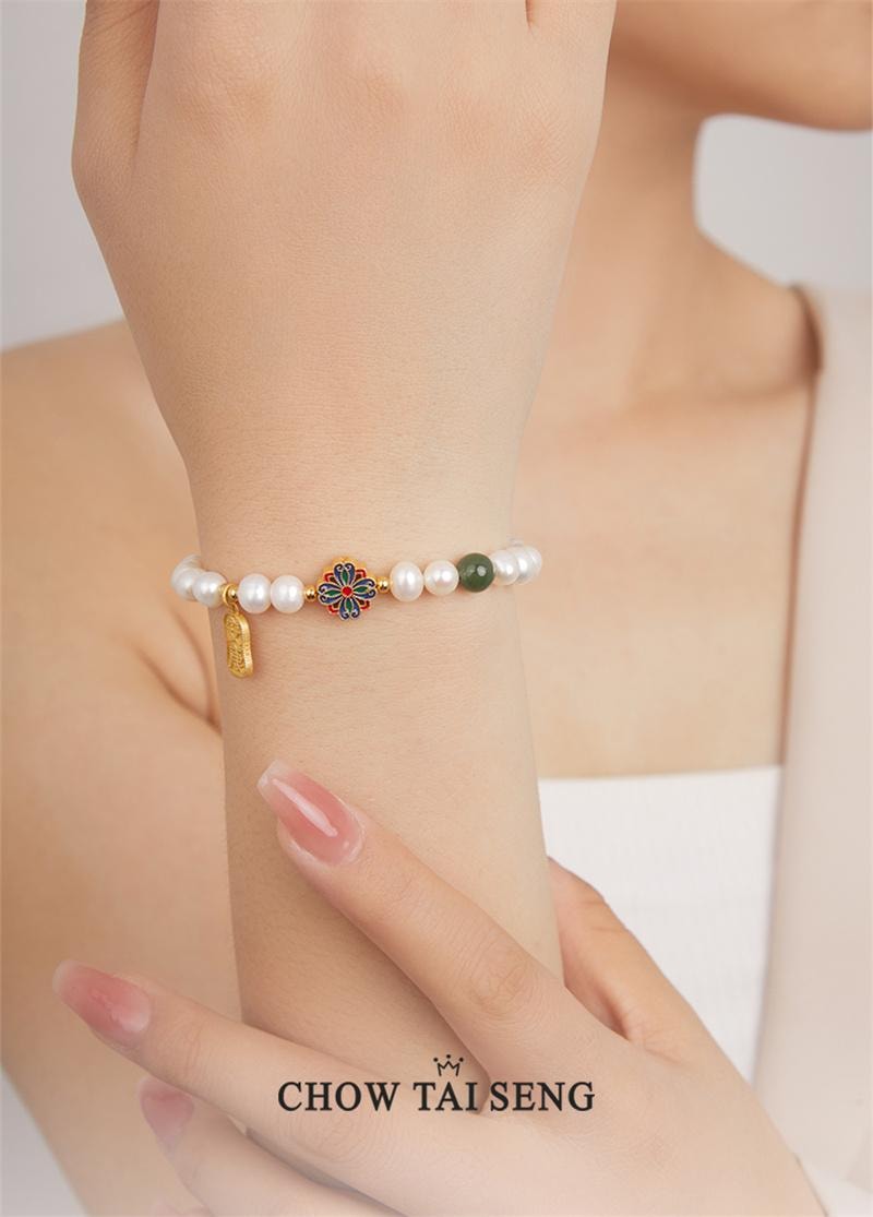 【中国直邮】 周大生 珍珠手链纯银女款安康福牌银串珠转运珠高级 1个装