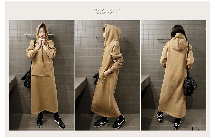 KOREA [Free Shipping] Hoodie Sweatshirt Long Dress(Fleece Lining) Beige One Size(Free)