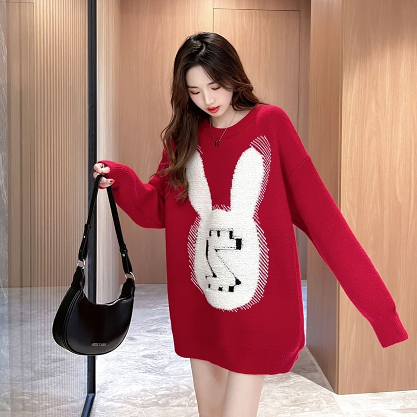 中國直郵 奢笛熊 潮牌新款學院風兔子大版寬鬆設計感毛衣 紅色 均碼