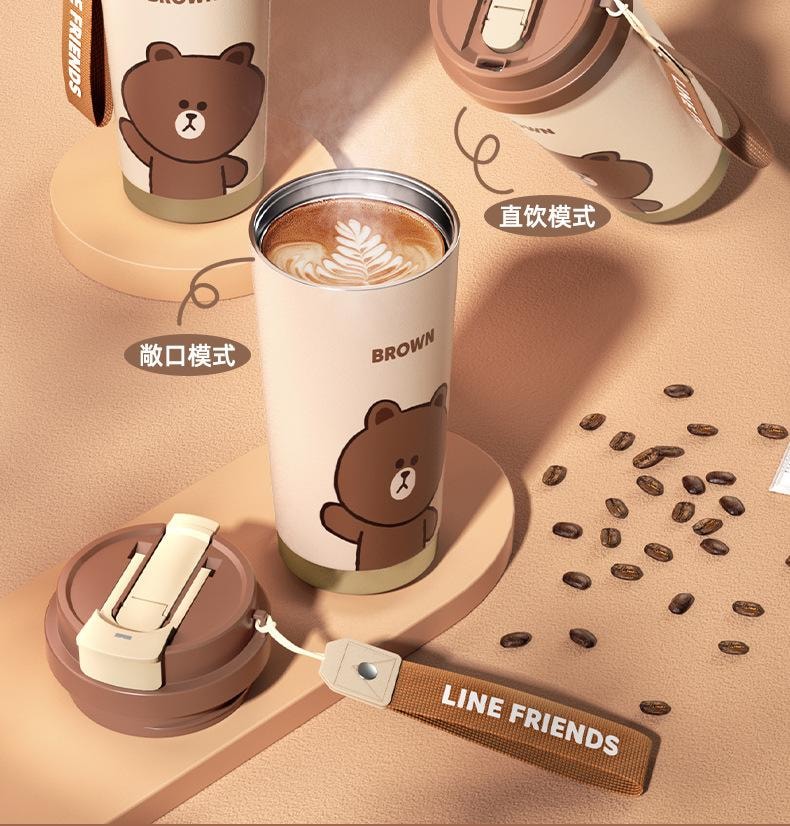 【中国直邮】日本 LINE FRIENDS 布朗熊新款保温杯316不锈钢大容量吸管杯高颜值儿童保温双饮水杯   500ml