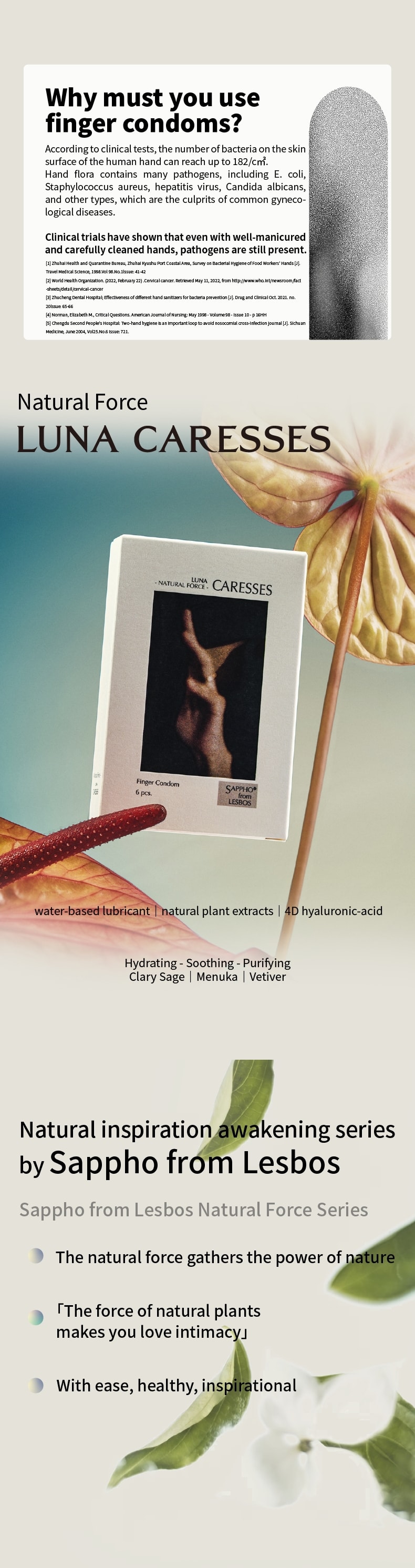 薩福 SAPPHOFROMLESBOS 自然力系列月下交頸 玻尿酸潤滑成人女同情人節必備情趣用品les女用指套 1盒裝(6隻)