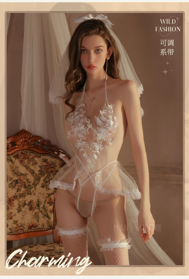 【中國直郵】 曼煙 情趣內衣 性感新娘浪漫花嫁套裝 白色均碼(含絲襪)