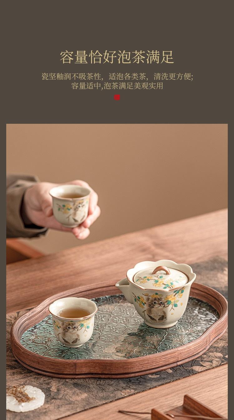 【中國直郵】 FOXTAIL 手繪黃花萌貓汝窯 茶壺 茶杯 中式 功夫茶具 家用 手抓壺-花瓣杯禮盒裝 1個*|預計到達時間3-4週