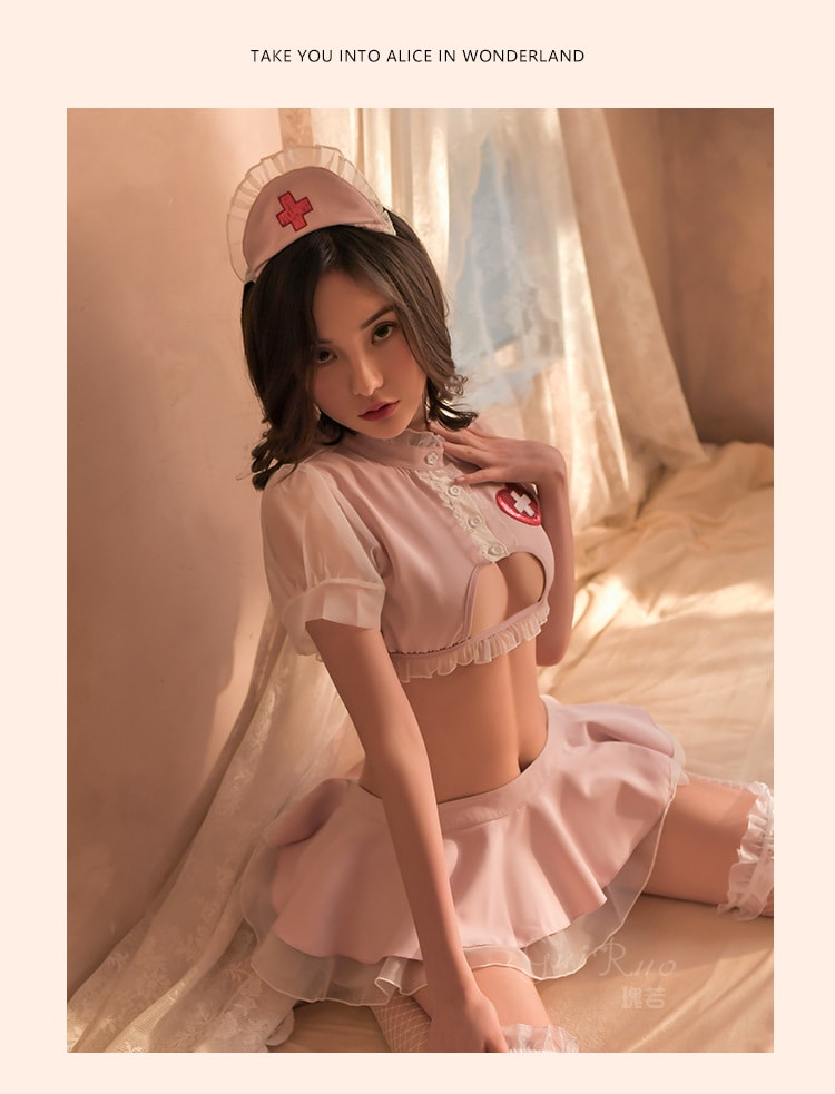 【中國直郵】瑰若 性感 短裙 清純護士裝套裝 情趣內衣 粉紅色 均碼(含網襪)
