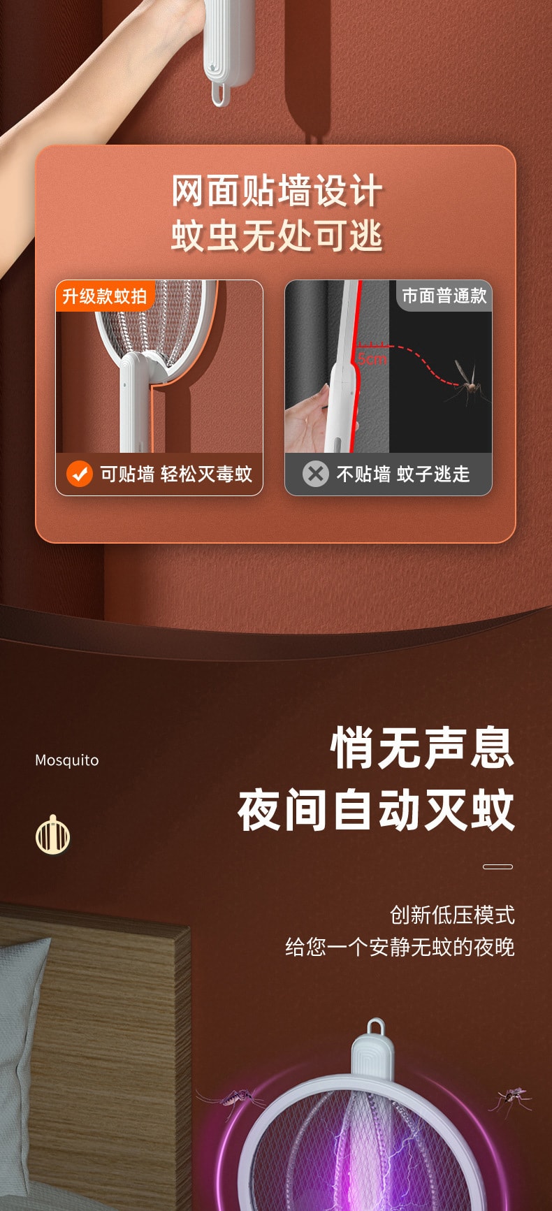 中國 電蚊拍 折疊驅蚊 貼合牆面USB 手持滅蚊拍+桌面驅蚊燈 1枚 白色