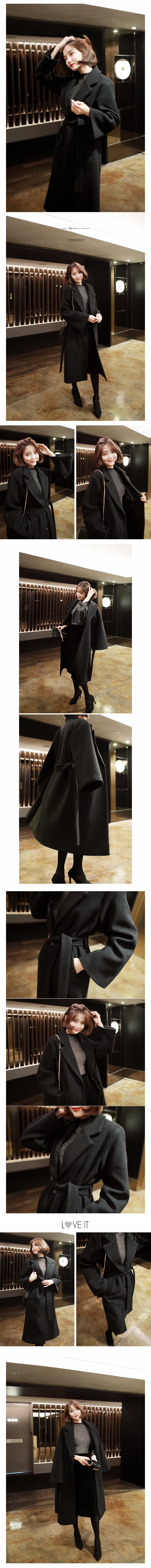 [2017 F/W] Oversized Wide Sleeve Wool Blend Long Coat with Belt Black One Size(Free)