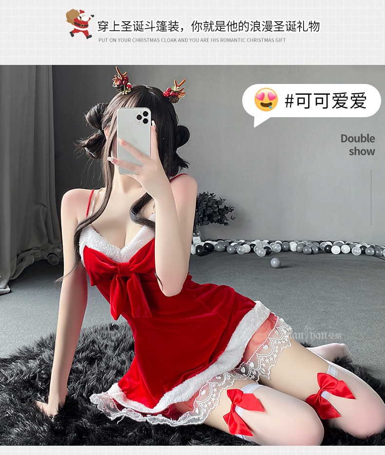 【中国直邮】曼烟 情趣内衣 性感蕾丝花边吊带睡裙 圣诞套装 红色均码(不含发箍丝袜)