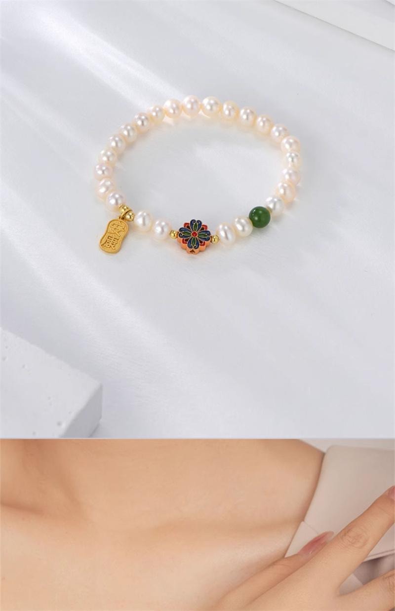 【中国直邮】 周大生 珍珠手链纯银女款安康福牌银串珠转运珠高级 1个装