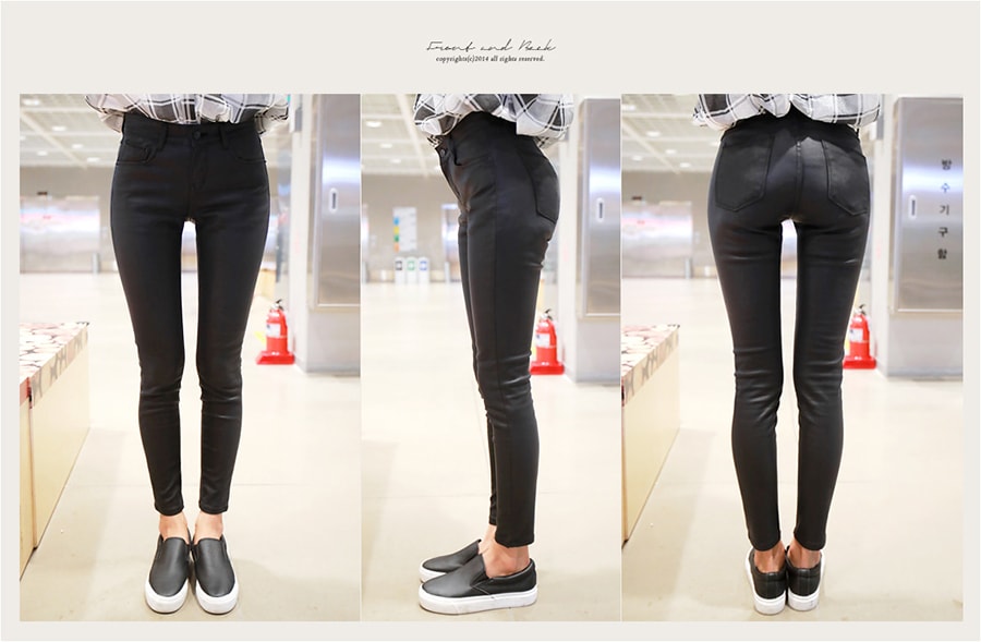 [KOREA] High Waist Coated Skinny Jeans #Black M(27-28) [免费配送]