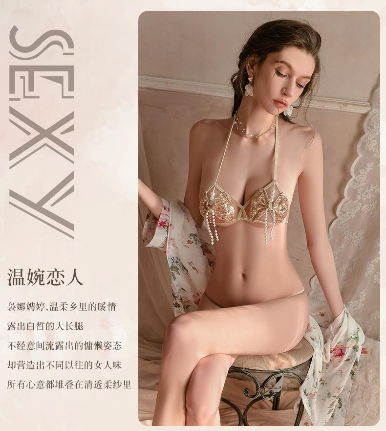 【美国发货】纵趣 情趣内衣 性感三点式珍珠亮片文胸 激情套装 金色 均码 1套