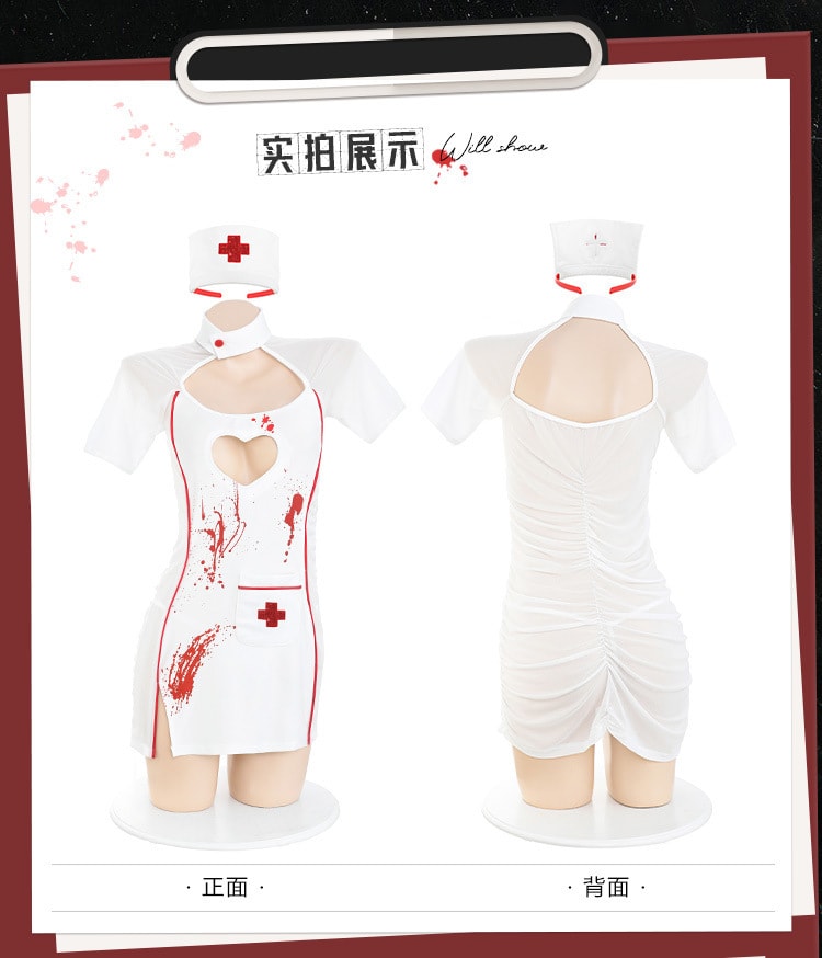 【中国直邮】霏慕 万圣节COS 暗夜小护士装情趣内衣制服 白+红【护士发箍+透视连衣裙+T裤】