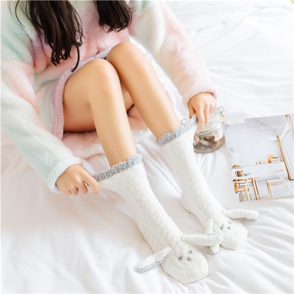 独角定制 家居地板袜睡眠袜女 可爱动物兔子加厚防滑袜子 粉色 1双