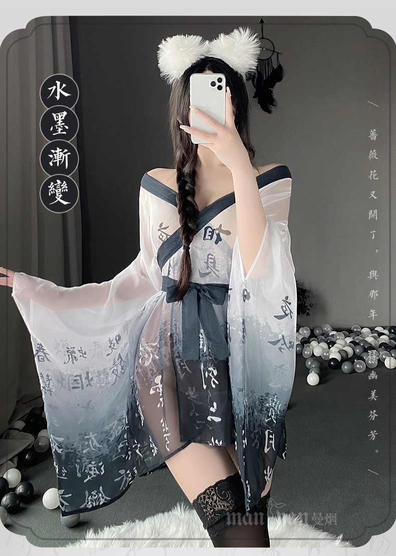 【中国直邮】曼烟 情趣内衣 性感透视柔纱水墨和服浴袍 蓝黑+白色均码(含丝袜)
