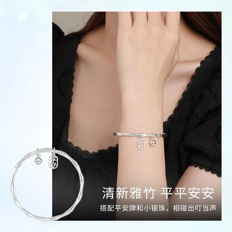 【中国直邮】 周大生 足银手镯女竹节实心银镯子铃铛手饰 60号圈口 约19g