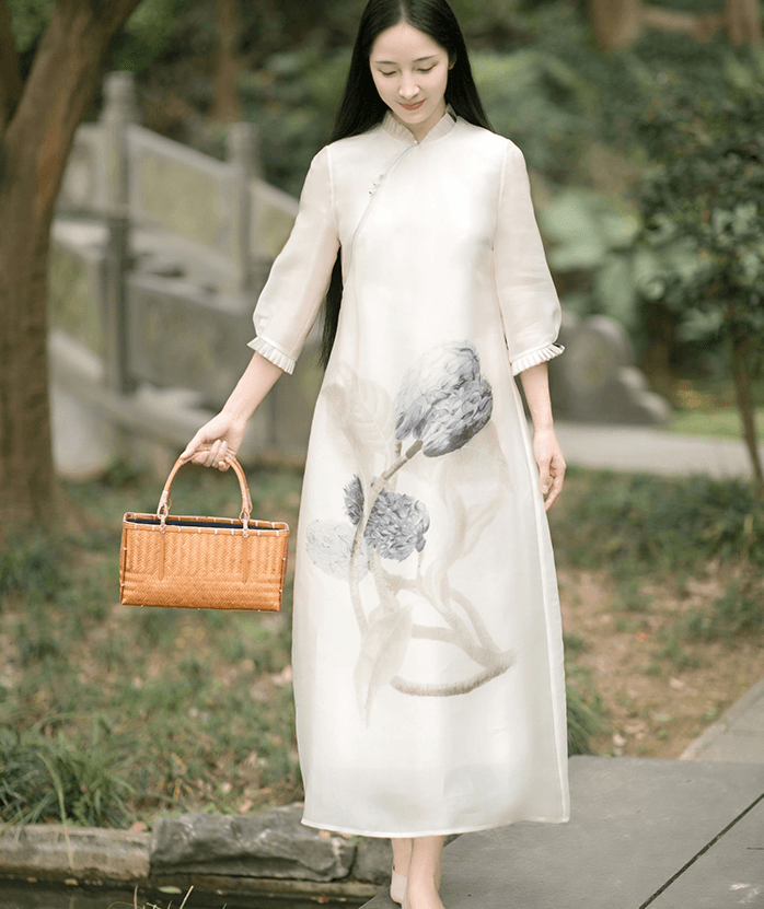 China Direct Mail 2019 Tang Chinese Style Women's Retro Print Pleated Dress White # 1 piece