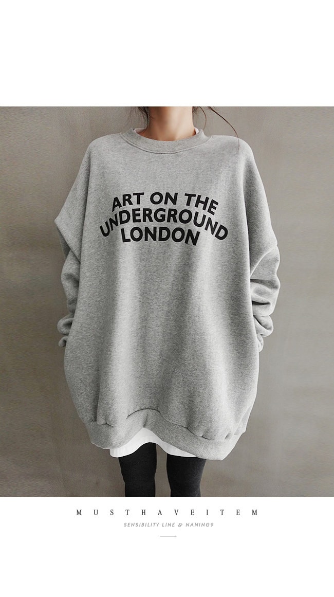 Letter round neck loose hoodie gray one size